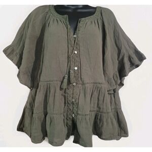 J Jill Sheer Peasant Blouse Size M Embroidery Flare Sleeve Crochet Tasseled Boho